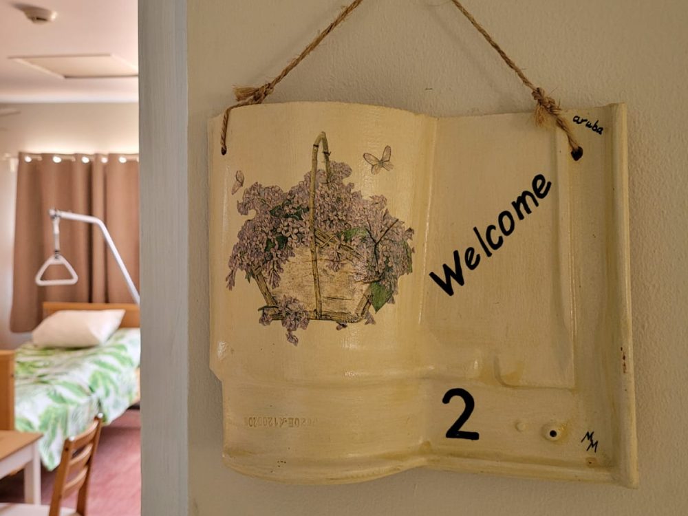 pink room entrance bed details